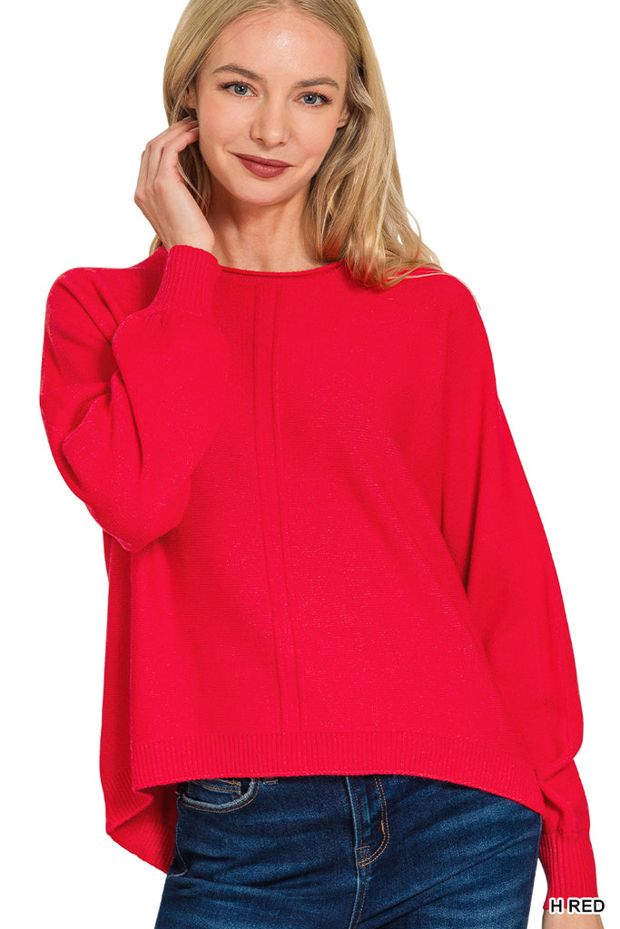 Viscose Front Seam Round Neck Sweater -  Heather Red