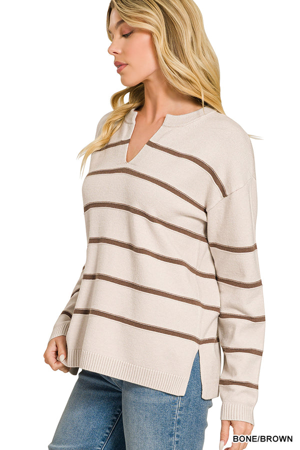 Split Neck Striped Sweater - Cream