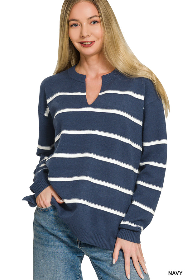 Split Neck Striped Sweater - Navy