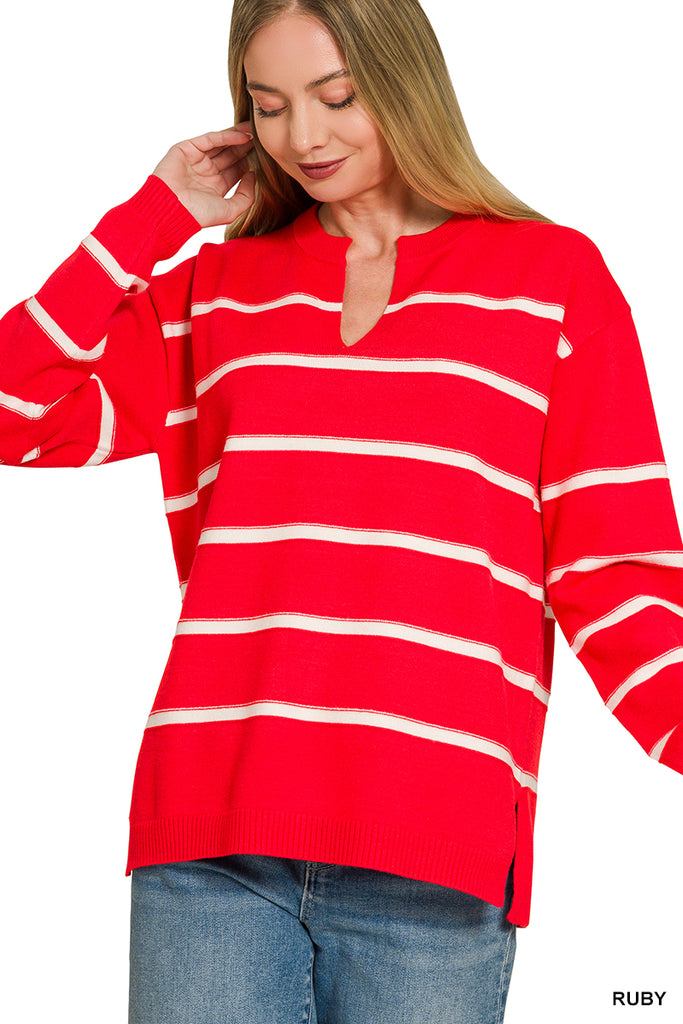 Split Neck Striped Sweater - Ruby