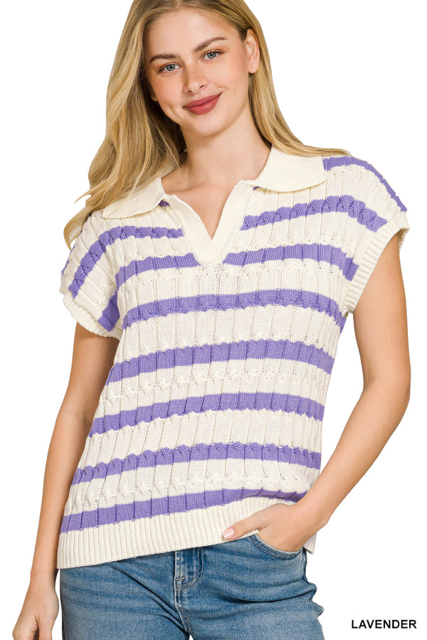 Cable Stripe Collared Sweater Vest