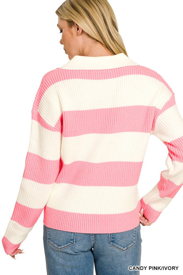 Striped Collared Sweater - Candy Pink