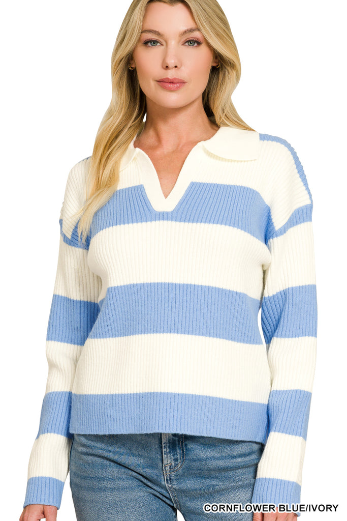 Striped Collared Sweater - Cornflower