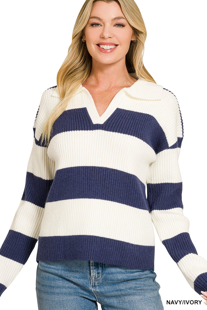 Striped Collared Sweater - Navy