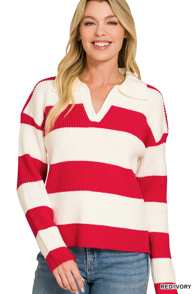 Striped Collared Sweater - Red