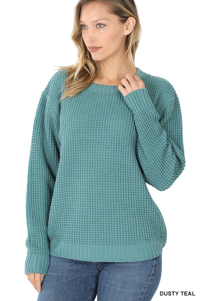 Hi-Low Long Sleeve Waffle Sweater - See Color Options