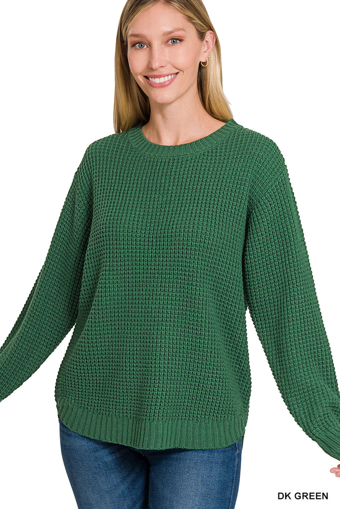 Hi-Low Long Sleeve Waffle Sweater - See Color Options