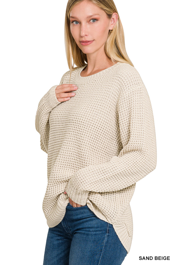 Hi-Low Long Sleeve Waffle Sweater - See Color Options