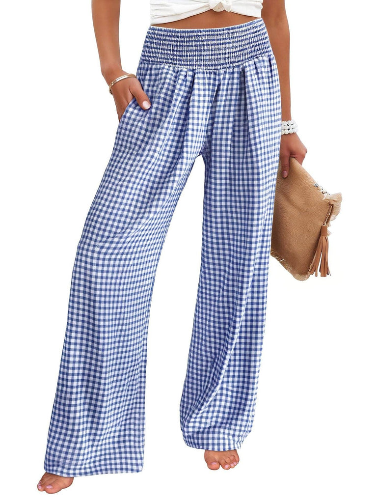 Suhkasana - Gingham High Waist Wide Leg Pants with Pockets: Blue / 50%COTTON+50%POLYESTER / S