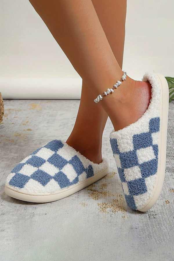 Checkered Print Fuzzy Slip On Winter Slippers Blue