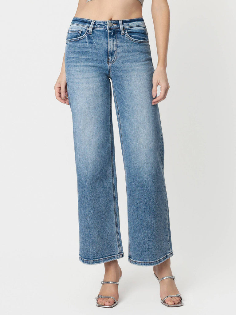 FLYING MONKEY - HIGH RISE MEDIUM WASH FULL LENGTH WIDE LEG JEANS F5610: ELBE RIVER / 32