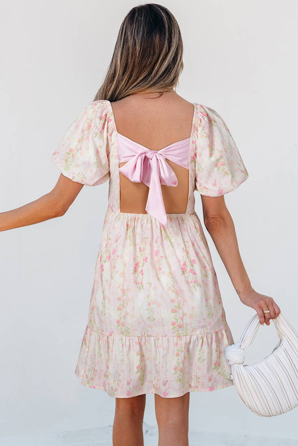 Knot Back Floral Puff Sleeve Cute Mini Dress