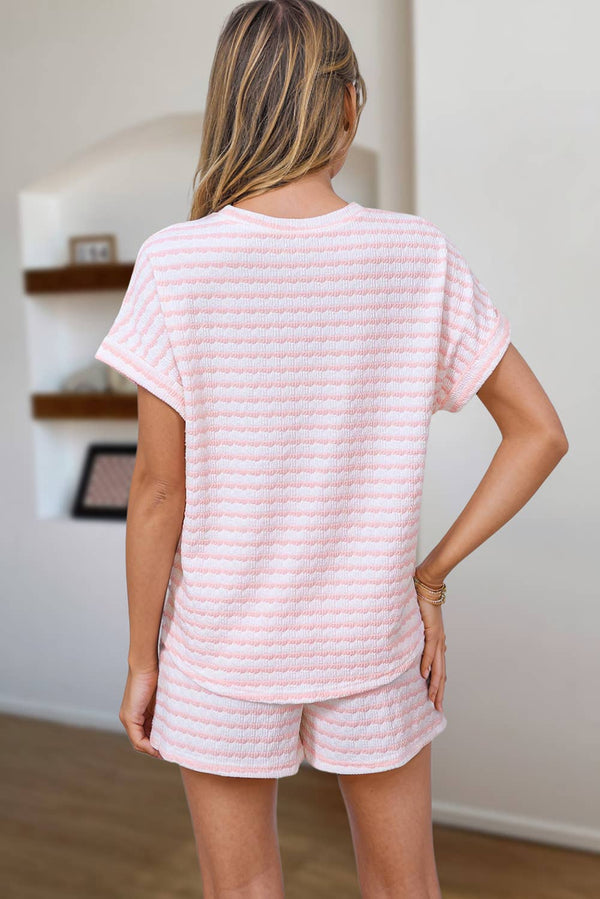 Stripe Knitted Top and Drawstring Shorts Set - Pink