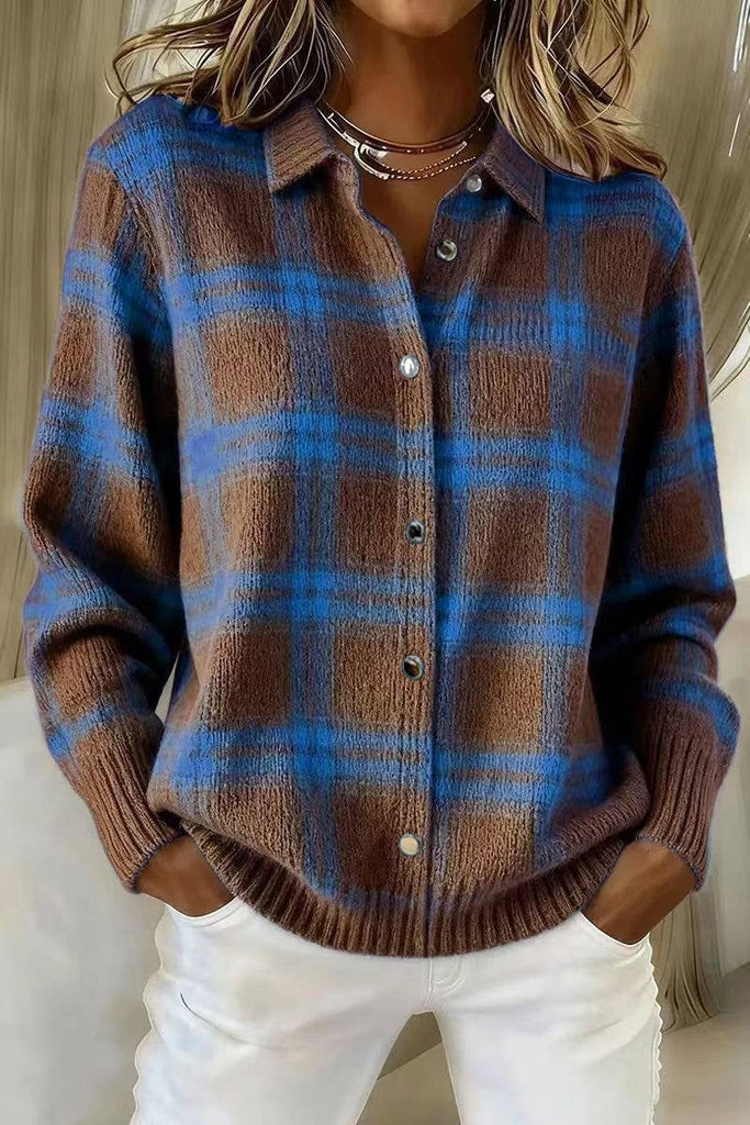 Lovesoft - Plaid Knit Shirt Cardigan for Women, Relaxed Button-Up: Dark Brown / 65%Viscose35%Polyester / L