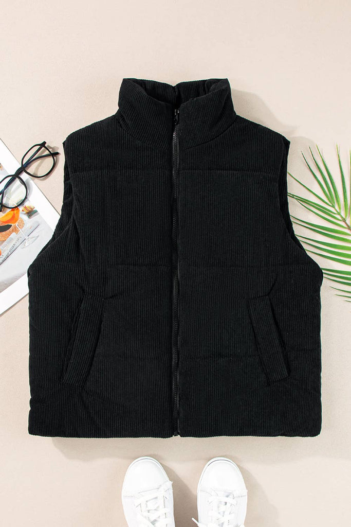 Corduroy Stand Neck Zipped Puffer Vest - Black
