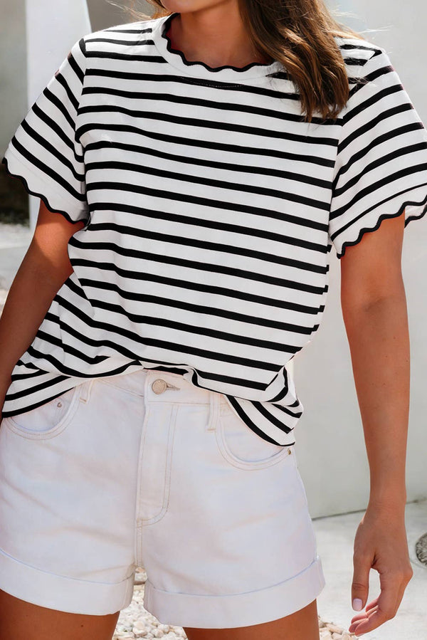 Scalloped Trim Round Neck Stripe T Shirt - Black