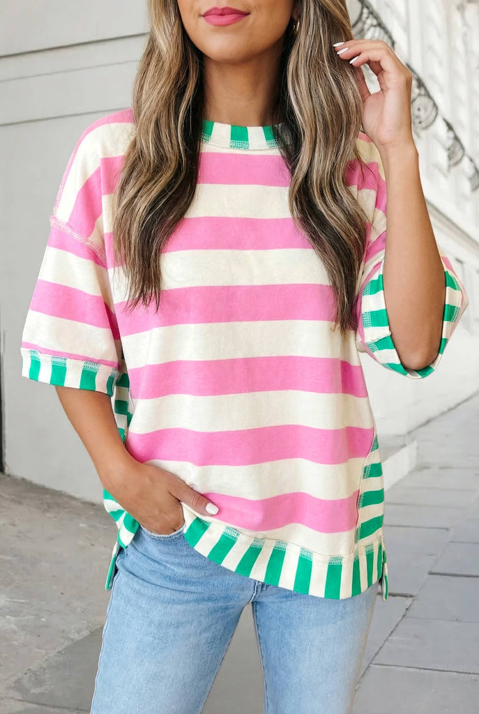 Pink Stripe Contrast Trim Short Sleeve Top