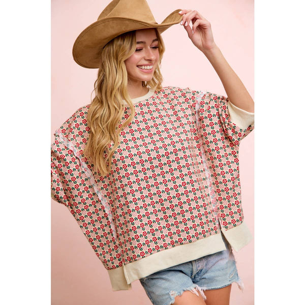 FLOWER PRINTED OPENSEAM DETAIL QUARTER SLEEVE TOP
