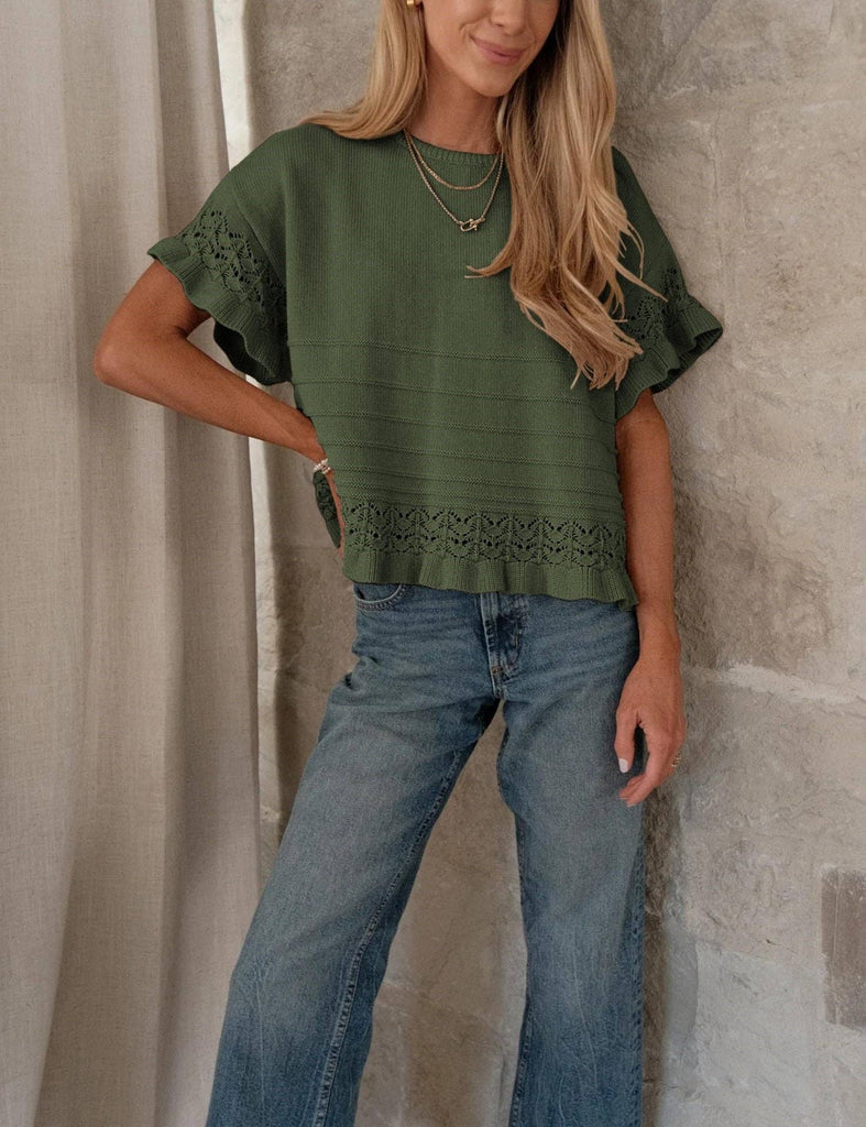 Suhkasana - Ruffle Sleeve Crochet Knit Sweater Top Women Summer Blouse: Olive Green / Polyester+30%Viscose+5%Elastane / XL