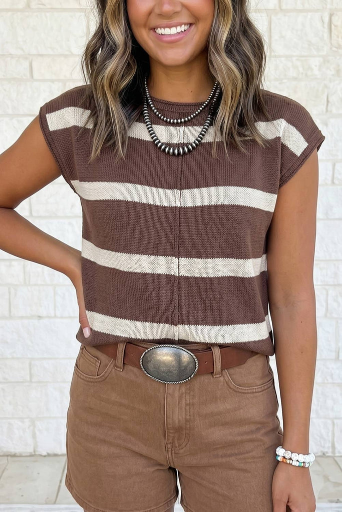 1 the Woman - Brown Striped Short Sleeve Knit Western Sweater: Brown / XL