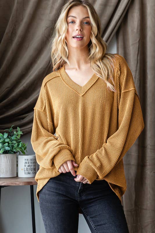 LONG PUFF SLEEVE SOLID URBAN RIBBED TOP: MUSTARD