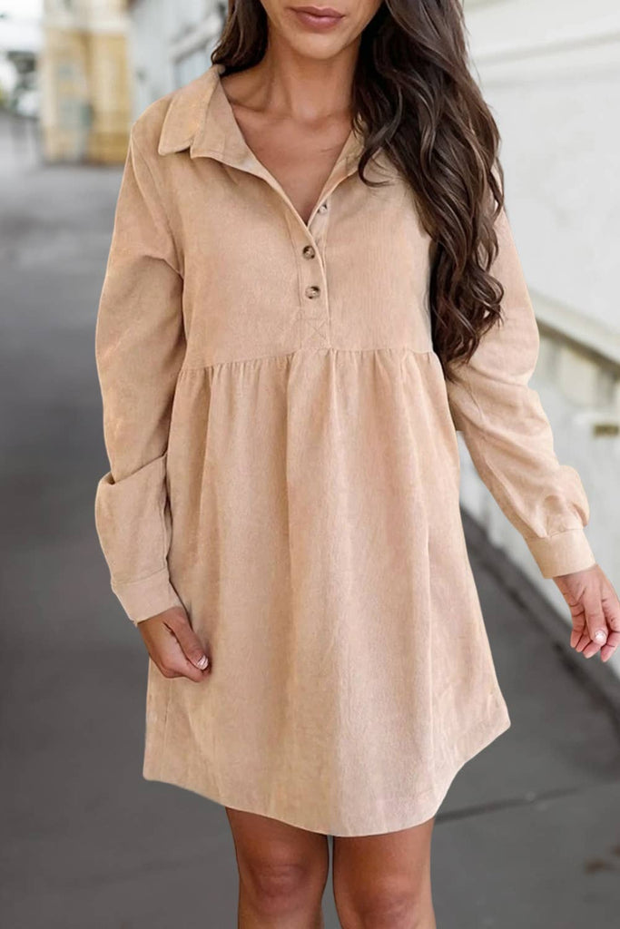 Corduroy Half Button Collared Long Sleeve Mini Dress