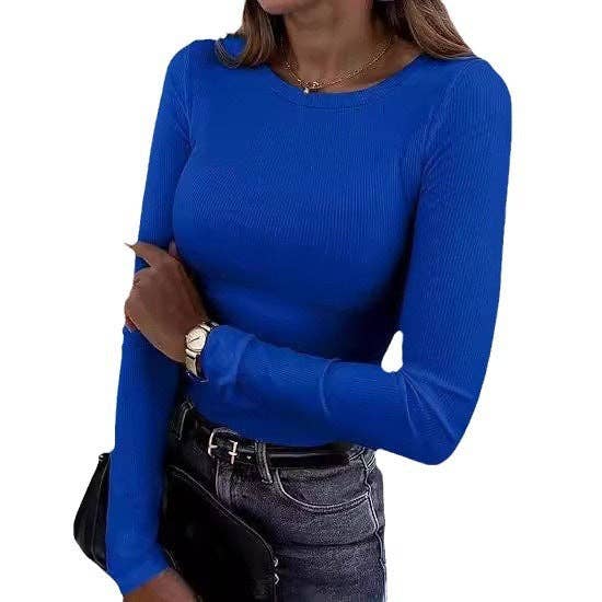 Suhkasana - Women's Ribbed Long Sleeve Crew Neck Fitted Tee: Blue / 2XL