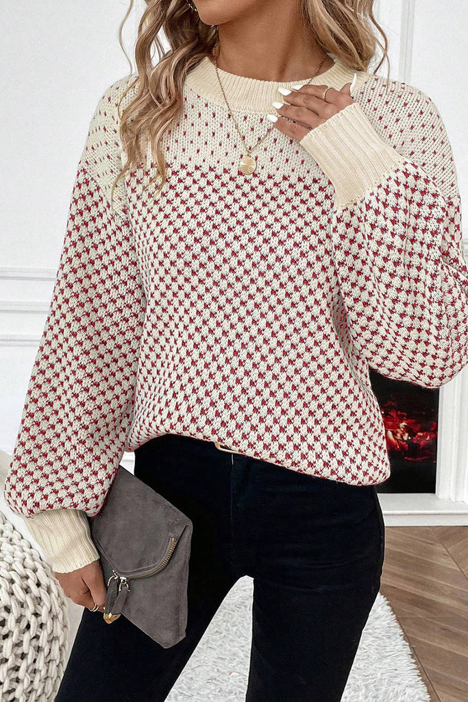 Contrast Color Pattern Lantern Sleeve Sweater: Red