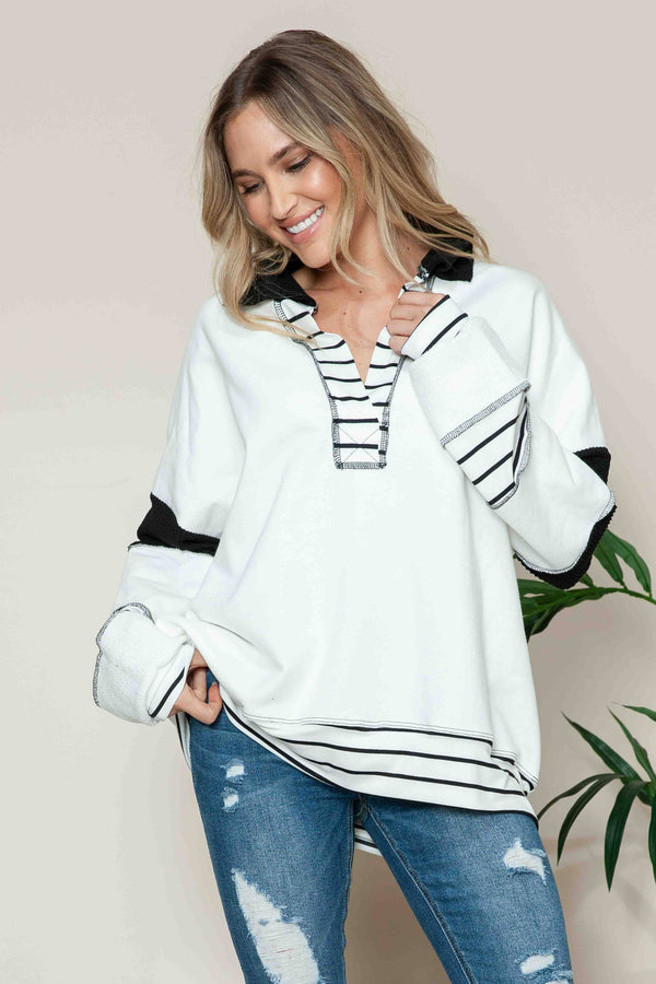 Solid Loose Fit Top with Stripe Contrast - Black
