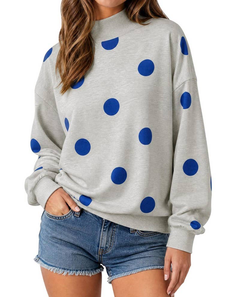 Rosa Clothing - Casual Polka Dot Mock Neck Long Sleeve Sweatshirt: Gray / S