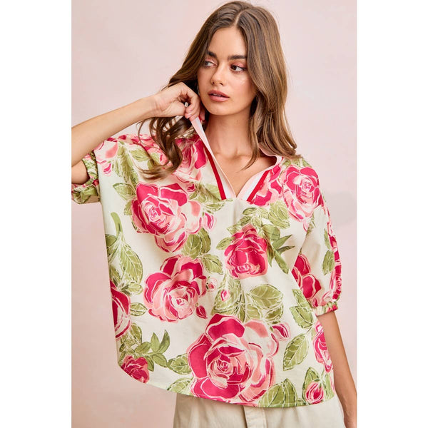 FLORAL CONTRAST BANDED DOLMAN SLEEVES BLOUSE TOP