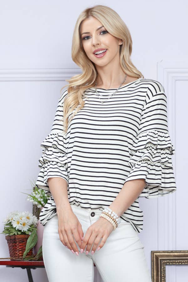 RUFFLE HALF SLEEVE STRIPE TOP: WHITE