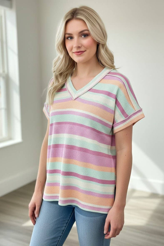 Pastel Striped V-Neck Textured Top: PINK/MINT
