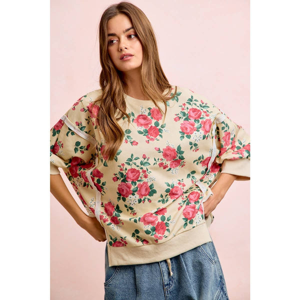 ROSE PRINTED TERRY OPEN SEAM HALF SLEEVES TOP