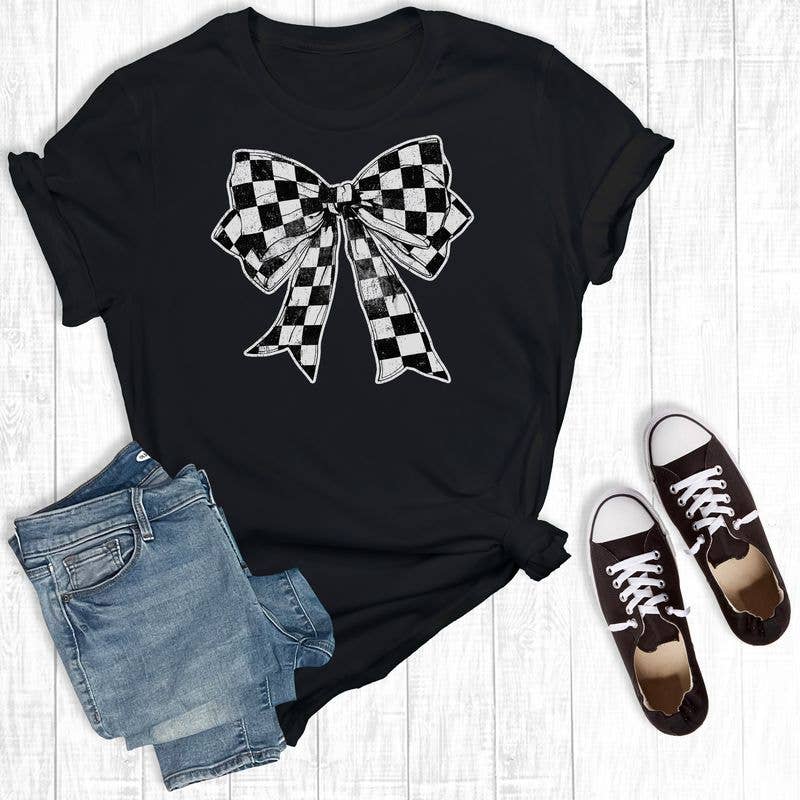 Checkered Coquette Bow Black Tee - Black