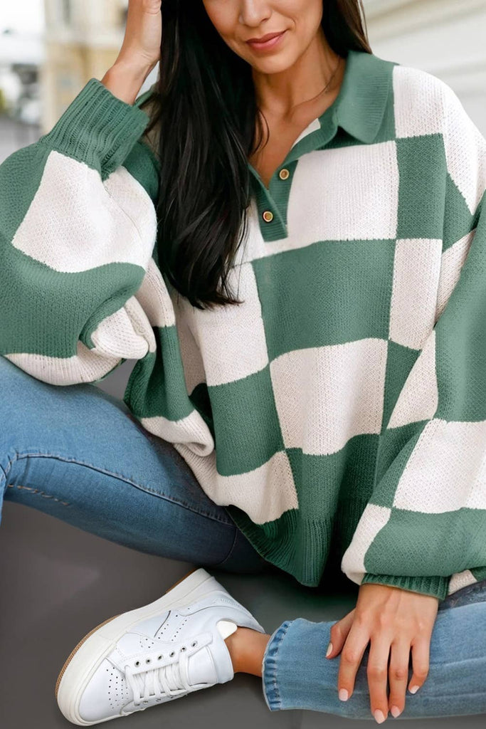 Checkered V Neck Long Sleeve Sweater