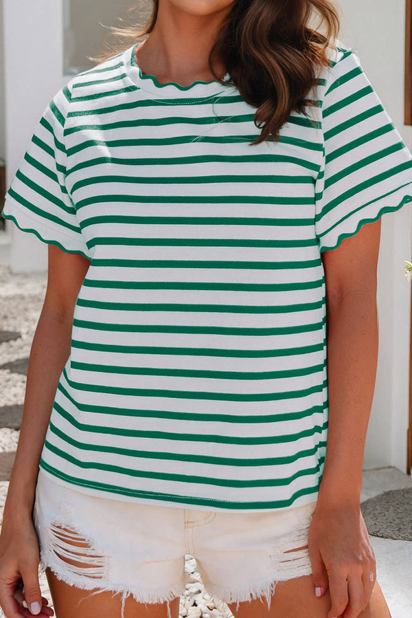 Scalloped Trim Round Neck Stripe T Shirt -Green Stripe