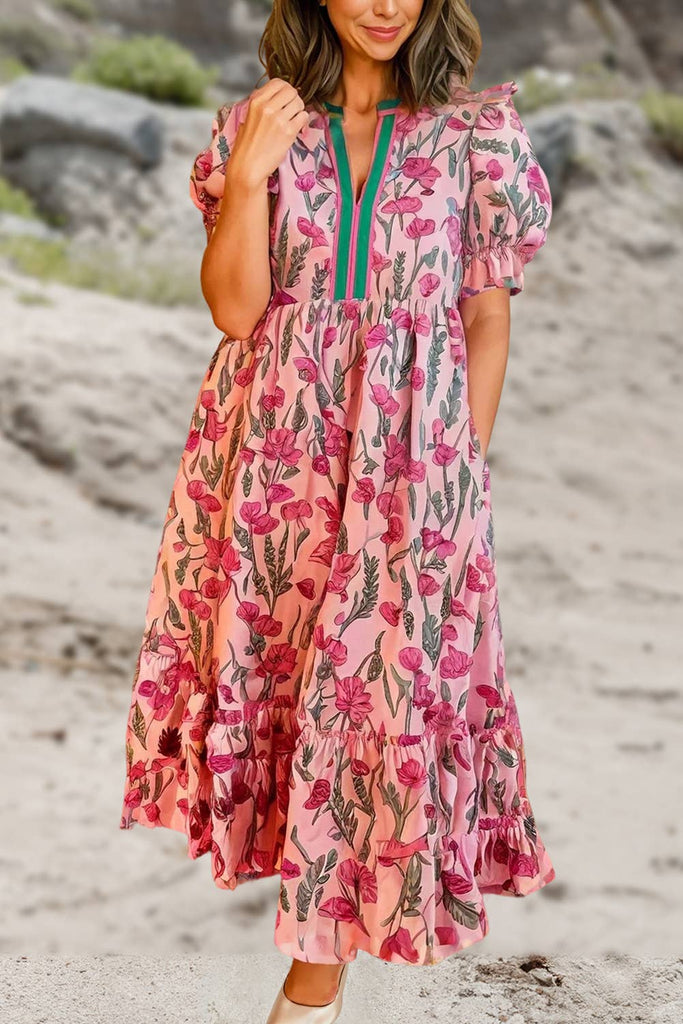 Floral Print V Neck Shift Long Dress