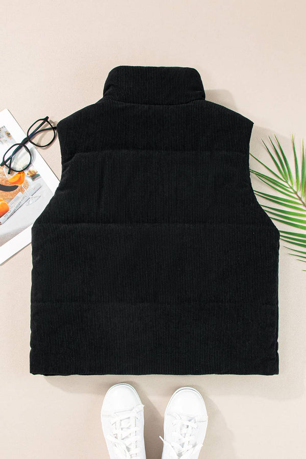 Corduroy Stand Neck Zipped Puffer Vest - Black
