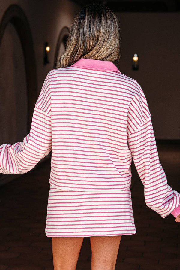 Stripe Collared V Neck Pullover and Skort- Pink