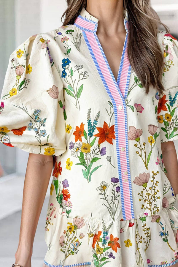 Striped Floral Print Short Sleeve Mini Dress
