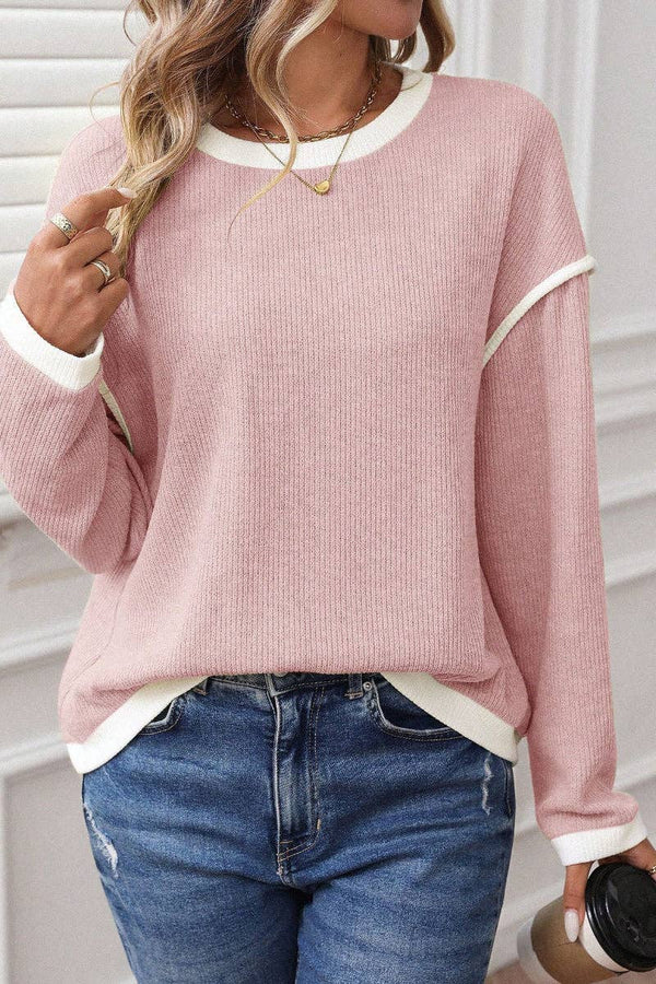 Colorblock Crewneck  Long Sleeve Pullover Top - Pink