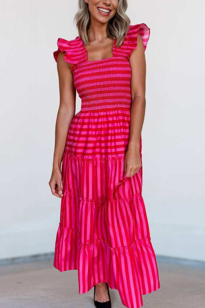Stripe Wide Strap Smocked Bodice Tiered Maxi Dress