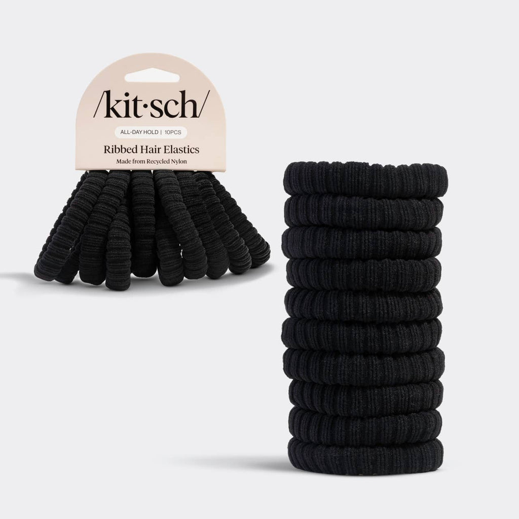 KITSCH - Recycled Fabric Ribbed Hair Elastics 10pc Set - Black