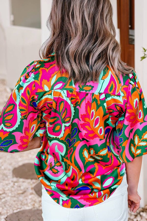 Summer Plant Print Lace up V Neck Puff Blouse : Rose