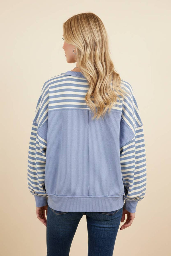 Striped Drop-Shoulder Pullover Sweatshirt: CREAM/CHAMBRAY