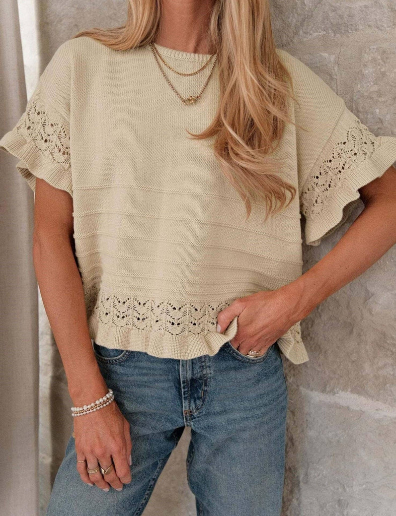 Suhkasana - Ruffle Sleeve Crochet Knit Sweater Top Women Summer Blouse: Khaki / Polyester+30%Viscose+5%Elastane / XL