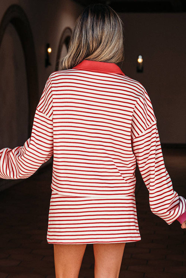 Red Stripe Collared V Neck Drop Shoulder Pullover and Skort 2pcs Outfit: Red Stripe