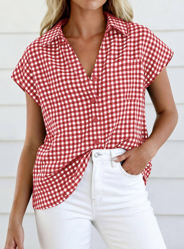 Gingham Button Down Summer Top Loose Fit Blouse