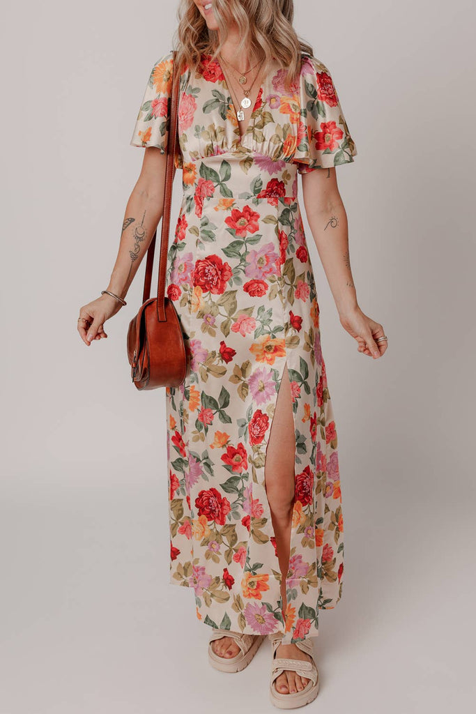 Vintage Floral V Neck Tie Back Slit Maxi Dress